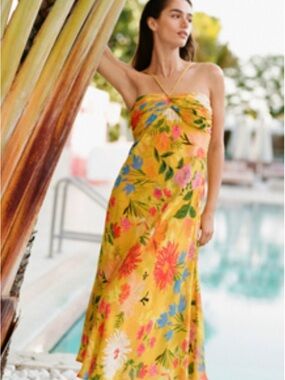 Anthropologie Yellow Floral Strapless Midi Dress